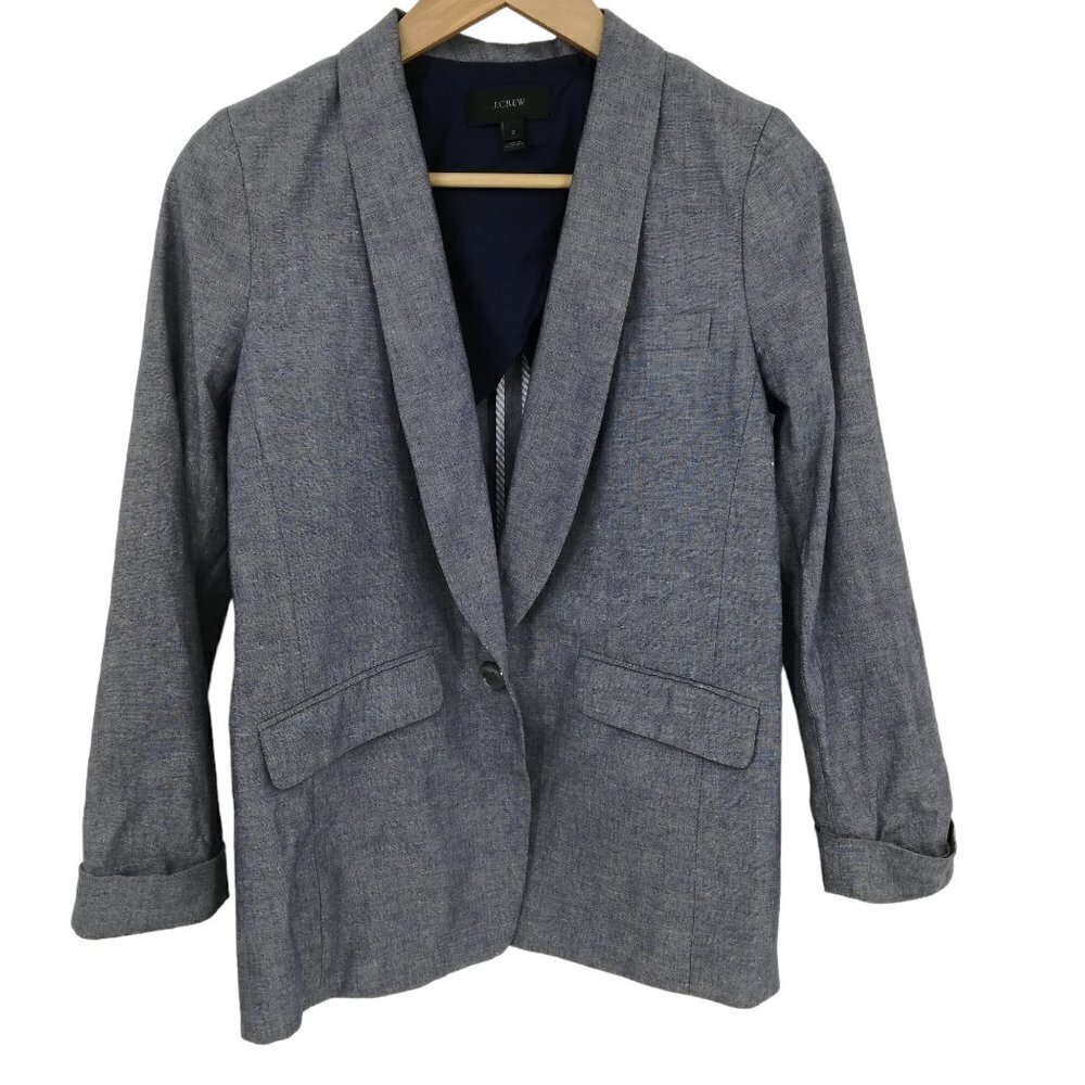J Crew Unstructured Linen Cotton Boyfriend Blazer Size 2 Blue One Button Pockets